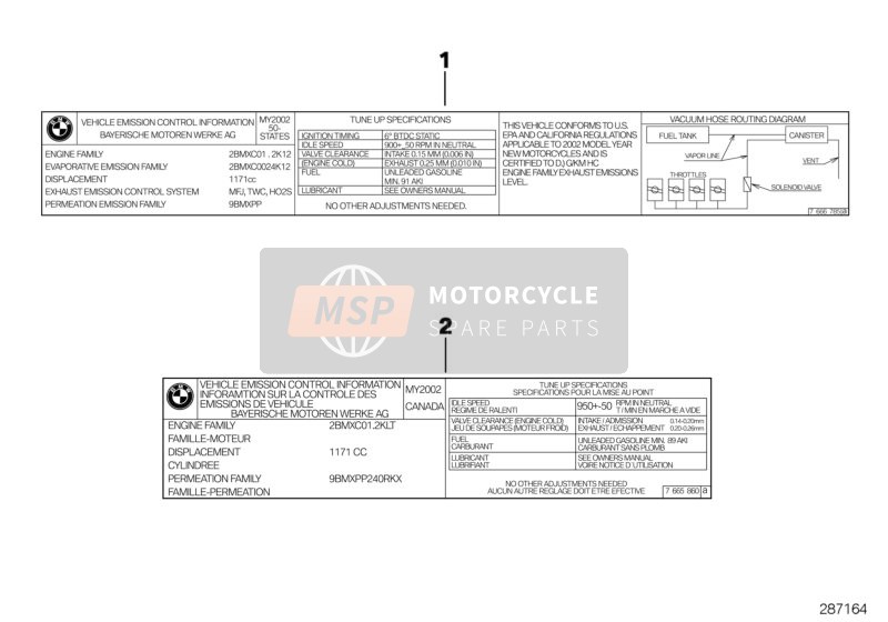 BMW K 1200 RS 97 (0544,0554) 2001 LABEL "EMISSION CONTROL INFORMATION" for a 2001 BMW K 1200 RS 97 (0544,0554)