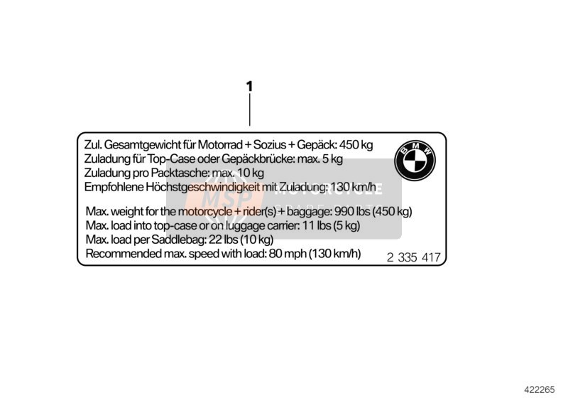 BMW K 1600 GTL Excl. (0603, 0613) 2013 INSTRUCTION NOTICE, PAYLOAD for a 2013 BMW K 1600 GTL Excl. (0603, 0613)