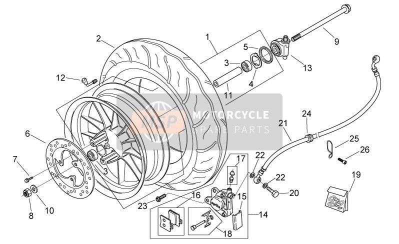 Aprilia Mojito Custom 50 2T (eng. Piaggio) 2006 Front Wheel for a 2006 Aprilia Mojito Custom 50 2T (eng. Piaggio)