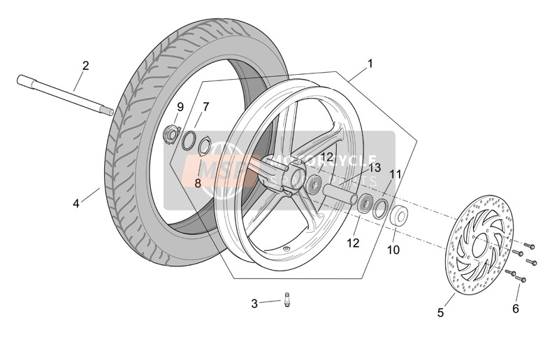 Aprilia Scarabeo 125-250 E2 (eng.Piaggio) 2004 Front Wheel for a 2004 Aprilia Scarabeo 125-250 E2 (eng.Piaggio)