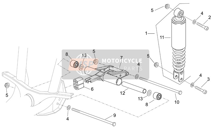 Aprilia Scarabeo 50 2T E2 (eng. Piaggio) 2009 R.Shock Absorber-Connect. Rod for a 2009 Aprilia Scarabeo 50 2T E2 (eng. Piaggio)