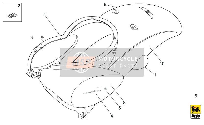 Aprilia Scarabeo 50 2T E2 (eng. Piaggio) 2008 Rear Body I - Rear Fairing for a 2008 Aprilia Scarabeo 50 2T E2 (eng. Piaggio)