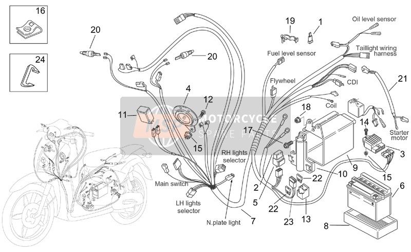 Aprilia Scarabeo 50 2T (eng. Minarelli) 1999 Electrical System for a 1999 Aprilia Scarabeo 50 2T (eng. Minarelli)