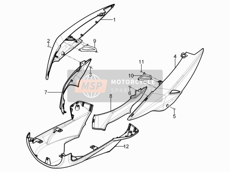 Aprilia SR Motard 125 4T E3 2014 Couvercle latéral - Divulgacher pour un 2014 Aprilia SR Motard 125 4T E3