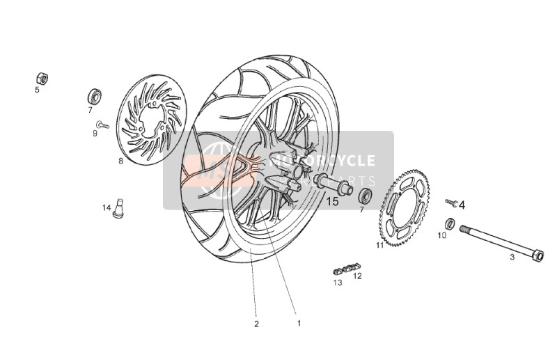 Derbi Senda 50 SM DRD X-TREME-LTD Edition 2T E2 2015 Rear Wheel for a 2015 Derbi Senda 50 SM DRD X-TREME-LTD Edition 2T E2