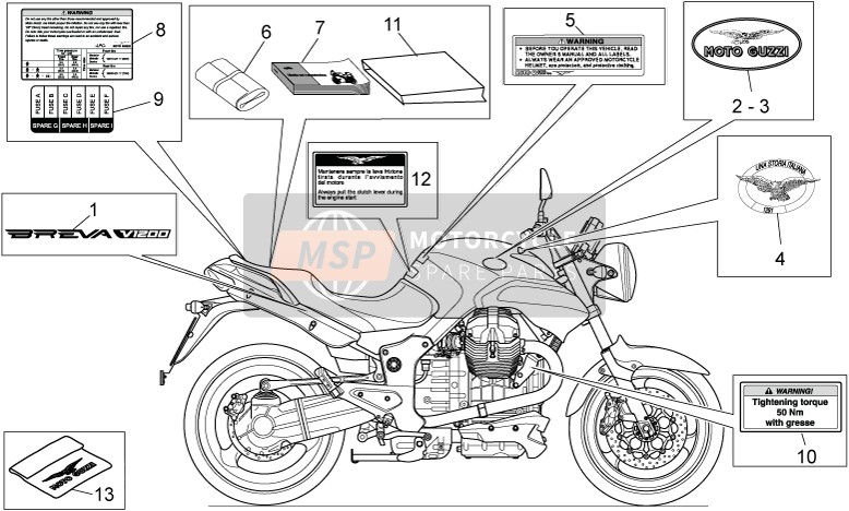 Moto Guzzi Breva 1200 2007 Plate Set-Decal-Operator Handbooks for a 2007 Moto Guzzi Breva 1200