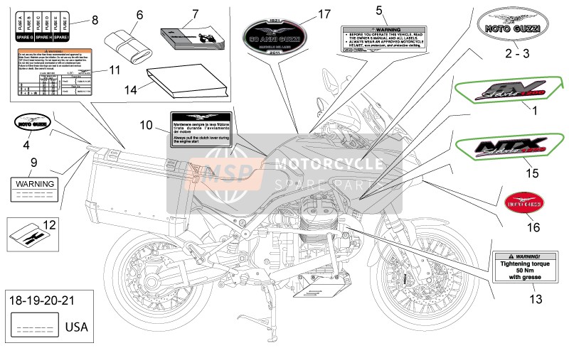 Moto Guzzi Stelvio 1200 8V STD - NTX 2016 Plate Set-Decal-Operator Handbooks for a 2016 Moto Guzzi Stelvio 1200 8V STD - NTX