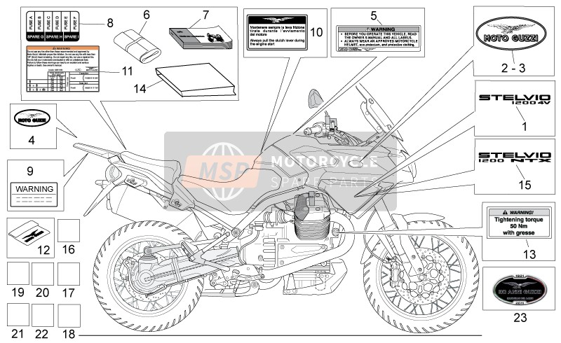 Moto Guzzi Stelvio 1200 - NTX - ABS 1200 2010 Plattenset-Aufkleber-Bedienerhandbücher für ein 2010 Moto Guzzi Stelvio 1200 - NTX - ABS 1200