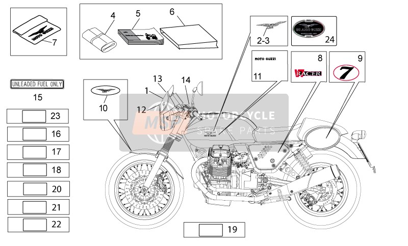 Moto Guzzi V7 Racer 750 (1) 2012 Conjunto de calcomanías y placas para un 2012 Moto Guzzi V7 Racer 750 (1)