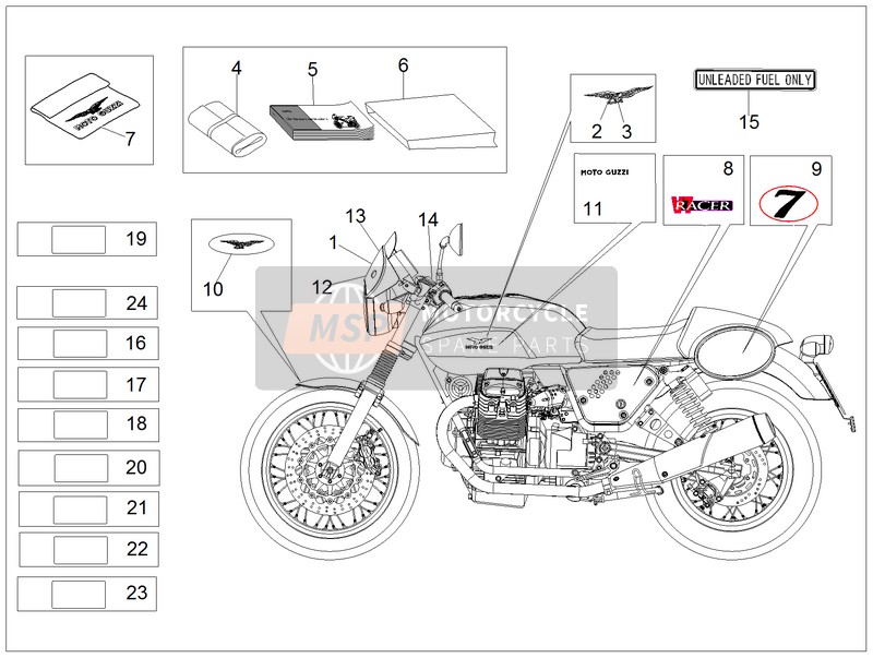 Moto Guzzi V7 Racer 750 2015 Set di decalcomanie e piatti per un 2015 Moto Guzzi V7 Racer 750
