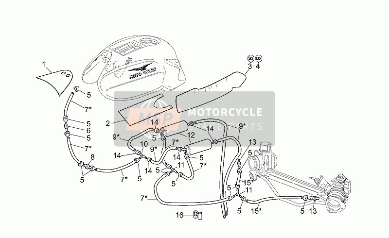 Moto Guzzi V 11 Sport-Mandello 1100 2000 Sistema de recuperación de vapor de combustible para un 2000 Moto Guzzi V 11 Sport-Mandello 1100