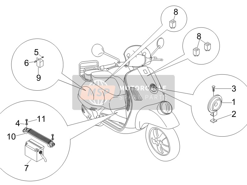 Vespa GT 250 ie 60° E3 (UK) 2006 Fernbedienungsschalter - Batterie - Hupe für ein 2006 Vespa GT 250 ie 60° E3 (UK)