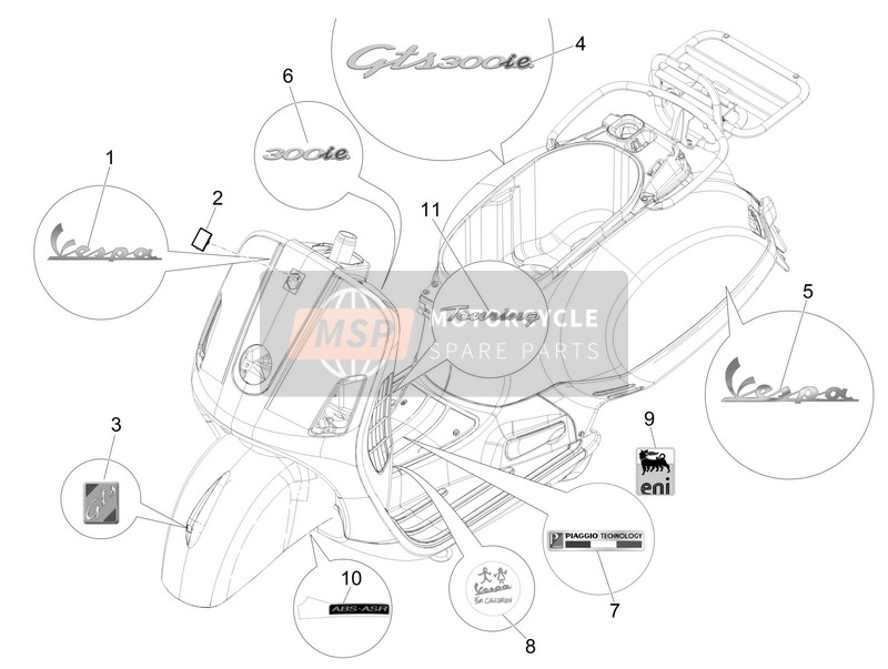 Vespa GTS 300 hpe E5 Fahrgestell - Karosserie Plaketten - Verzierungen, GTS  300 hpe E5, GTS, Vespa, Ersatzteile