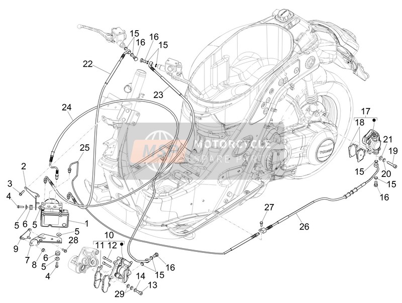 Vespa GTS 300 ie ABS (China) 2014 Bremsleitungen - Bremssättel (ABS) für ein 2014 Vespa GTS 300 ie ABS (China)