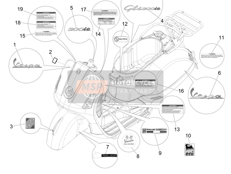 Vespa GTS 300 ie ABS (USA) 2014 Plaques - Emblèmes pour un 2014 Vespa GTS 300 ie ABS (USA)