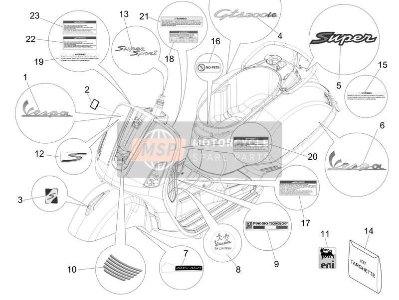 Vespa GTS 300 ie Super ABS  (USA) 2014 Platos - Emblemas para un 2014 Vespa GTS 300 ie Super ABS  (USA)