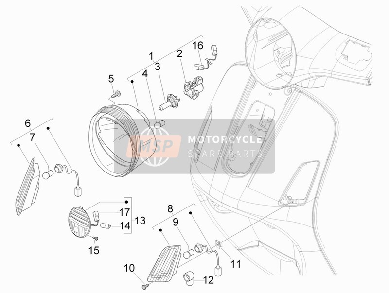 Vespa GTS 300 ie (USA) 2013 Front Headlamps - Turn Signal Lamps for a 2013 Vespa GTS 300 ie (USA)