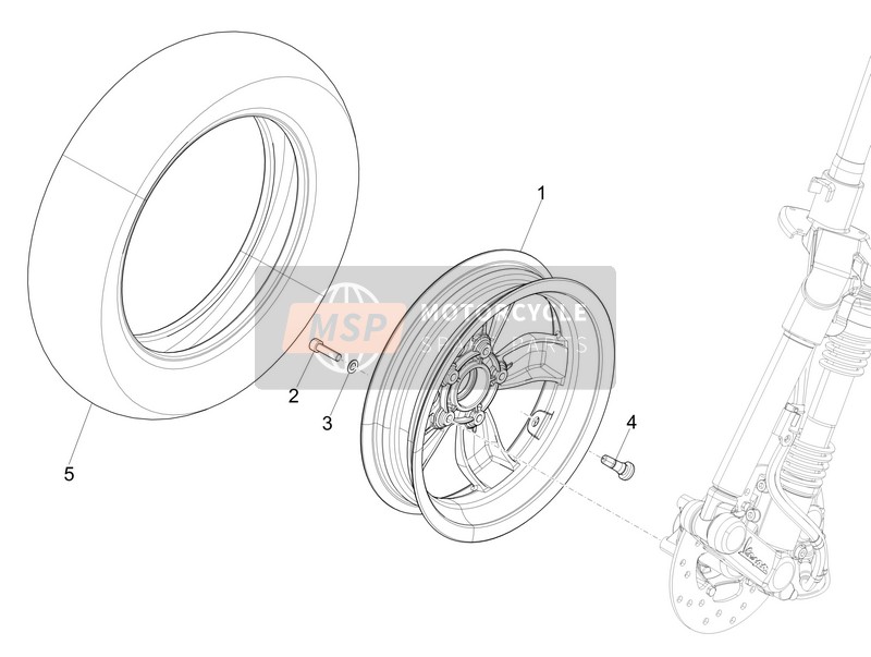 Vespa LT 125 4T 3V ie E3 (Vietnam) 2014 Rueda delantera para un 2014 Vespa LT 125 4T 3V ie E3 (Vietnam)