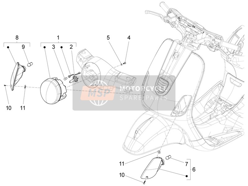 Vespa LT 125 4T 3V ie E3 (Vietnam) 2013 Faros delanteros - Lámparas de señal de giro para un 2013 Vespa LT 125 4T 3V ie E3 (Vietnam)