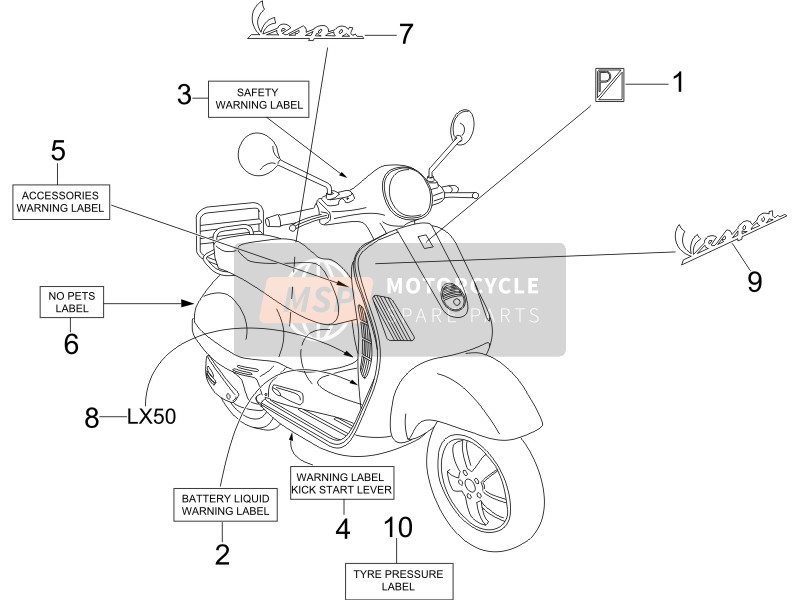 Vespa LX 50 4T (USA) 2006 Platos - Emblemas para un 2006 Vespa LX 50 4T (USA)