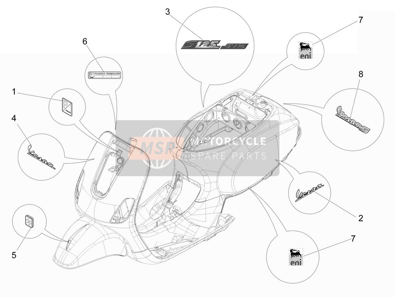 Vespa S 125 4T 3V E3 ie (Vietnam) 2015 Platten - Embleme für ein 2015 Vespa S 125 4T 3V E3 ie (Vietnam)