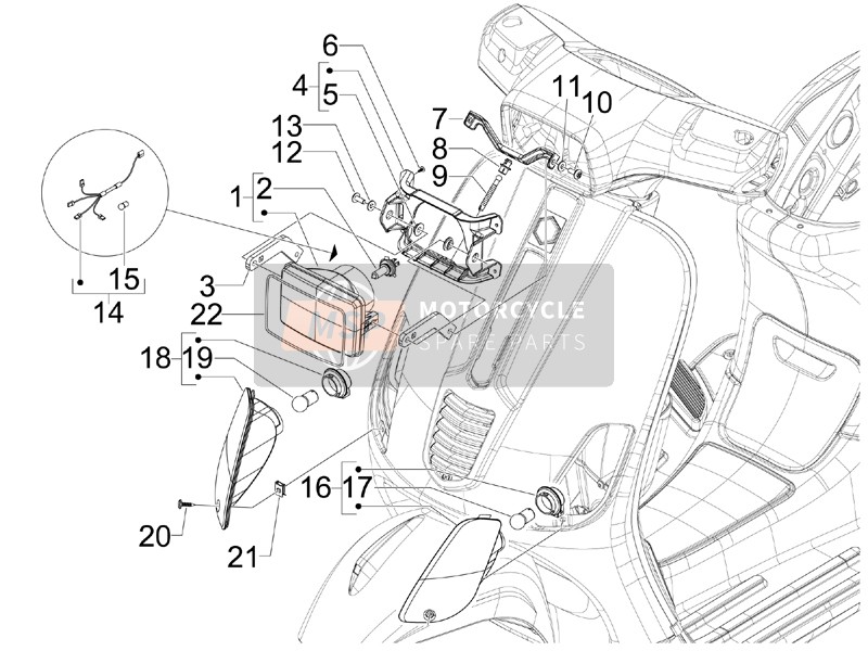 Vespa S 50 4T 2V 25 KMH (NL) 2011 Phares avant - Lampes de clignotant pour un 2011 Vespa S 50 4T 2V 25 KMH (NL)