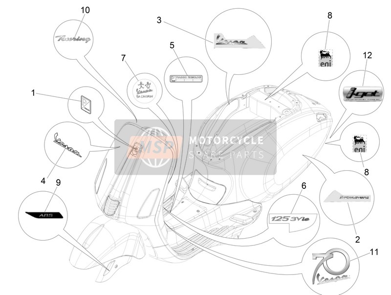 Vespa Vespa 125 4T 3V ie Primavera (EU) 2015 Platten - Embleme für ein 2015 Vespa Vespa 125 4T 3V ie Primavera (EU)