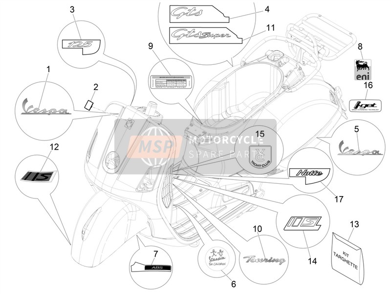 Vespa Vespa GTS 125 4T E4 ABS (EU-GB) 2016 Labels - Emblemen voor een 2016 Vespa Vespa GTS 125 4T E4 ABS (EU-GB)
