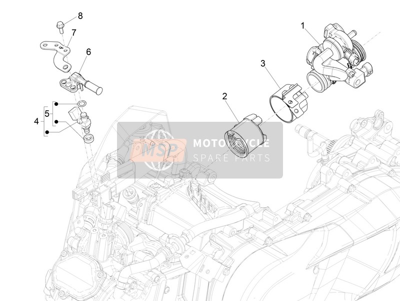 Vespa Vespa GTS 150 4T E4 ABS (EU) 2016 Gasklephuis - Injector - Drieweg pijp voor een 2016 Vespa Vespa GTS 150 4T E4 ABS (EU)