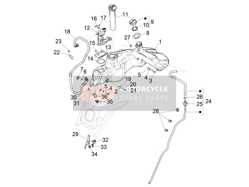 Vespa Vespa GTS 150 4T E4 ABS (EU) 2016 Benzinetank voor een 2016 Vespa Vespa GTS 150 4T E4 ABS (EU)