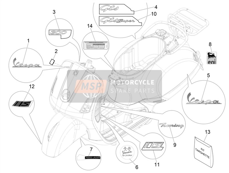 Vespa Vespa GTS 300 ie ABS E4 (EU) 2017 Plates - Emblems for a 2017 Vespa Vespa GTS 300 ie ABS E4 (EU)