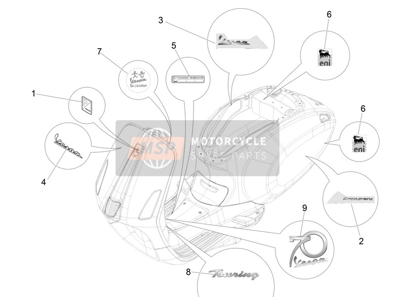 Vespa Vespa Primavera 50 4T-2V 25 kmh (EU) 2014 Labels - Emblemen voor een 2014 Vespa Vespa Primavera 50 4T-2V 25 kmh (EU)