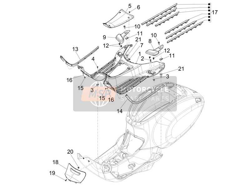 Vespa Vespa Primavera 50 4T-4V (EU) 2017 Cubierta central - Reposapiés para un 2017 Vespa Vespa Primavera 50 4T-4V (EU)