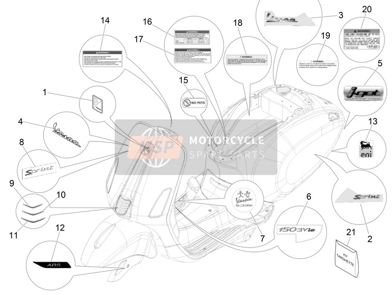 Vespa Vespa Sprint 150 4T 3V iGet E4 ABS (USA-CANADA) 2016 Platos - Emblemas para un 2016 Vespa Vespa Sprint 150 4T 3V iGet E4 ABS (USA-CANADA)