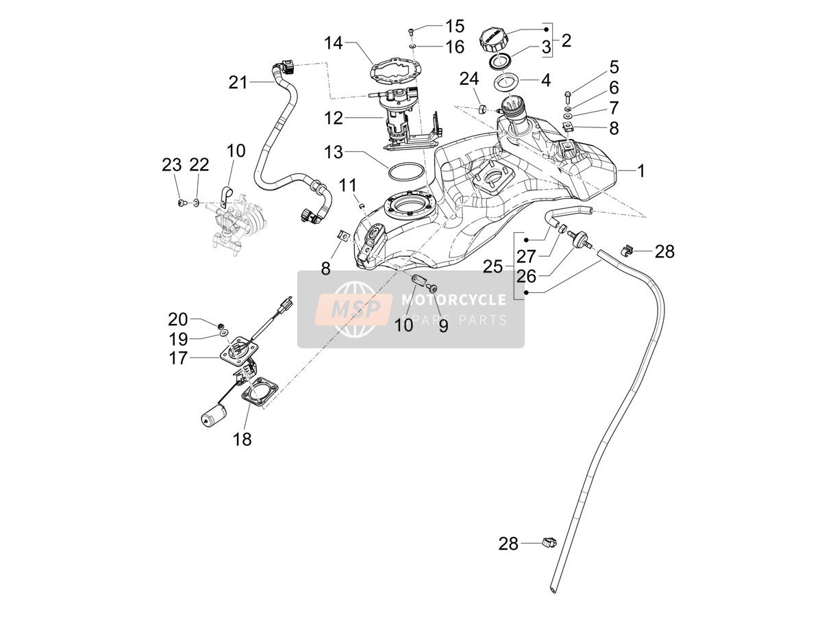 Vespa Vespa Sprint 50 25 km h E5 (EU) 2020 Réservoir d'essence pour un 2020 Vespa Vespa Sprint 50 25 km h E5 (EU)