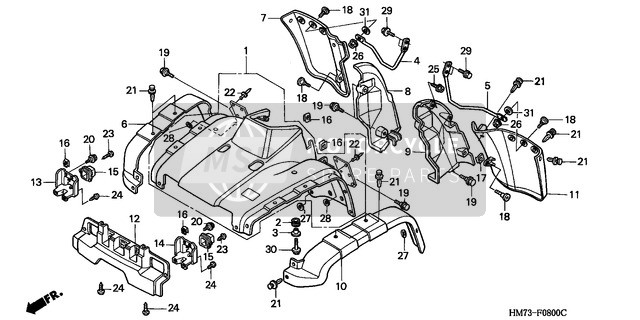 Honda TRX400FW 1997 Parafango anteriore (1) per un 1997 Honda TRX400FW