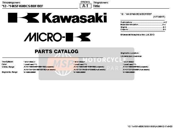 Kawasaki KFX450R 2013 Modelidentificatie voor een 2013 Kawasaki KFX450R