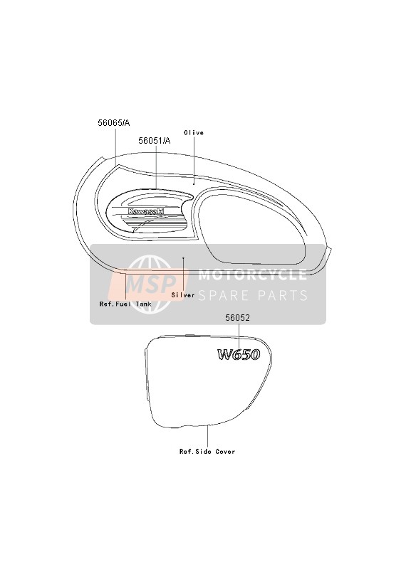 Kawasaki W650 2003 Calcomanías (Plata-Aceituna) para un 2003 Kawasaki W650