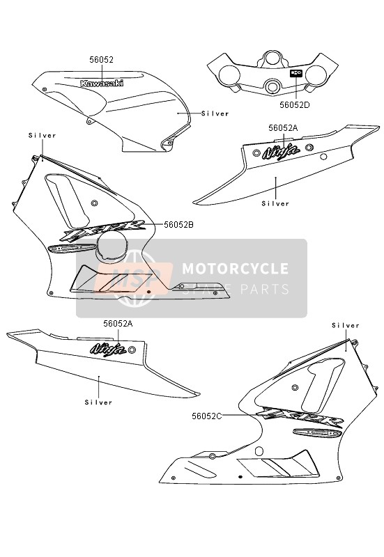 Kawasaki NINJA ZX-12R 2004 Decals (Silver) for a 2004 Kawasaki NINJA ZX-12R