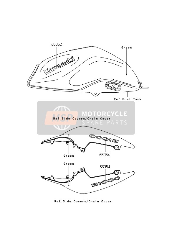 Kawasaki Z1000 2008 Decals (Green) for a 2008 Kawasaki Z1000