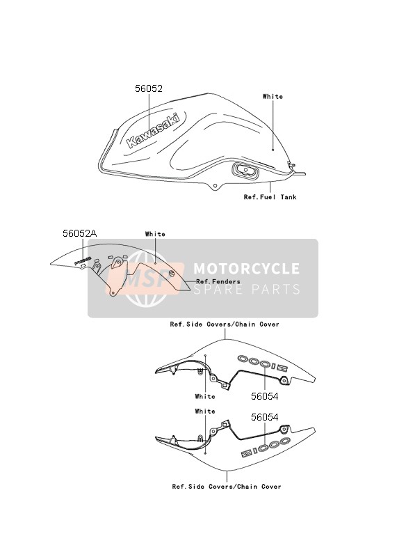 Kawasaki Z1000 ABS 2008 Decalcomanie (Bianca) per un 2008 Kawasaki Z1000 ABS