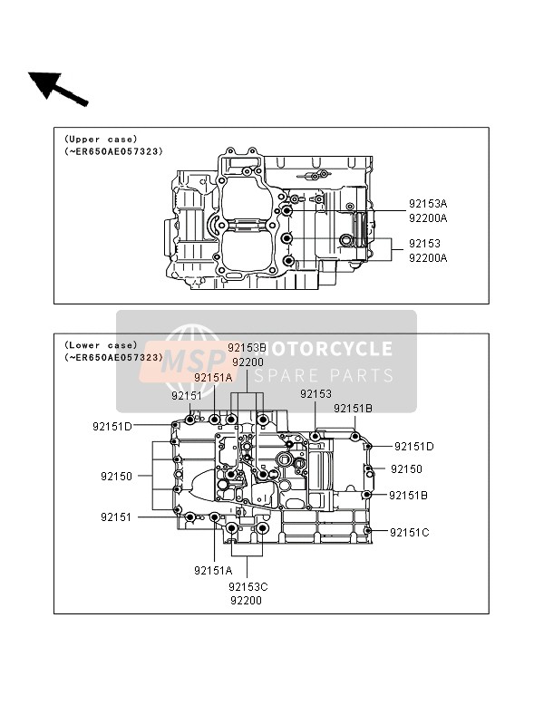 Kawasaki ER-6F 2006 Schema dei bulloni del carter per un 2006 Kawasaki ER-6F