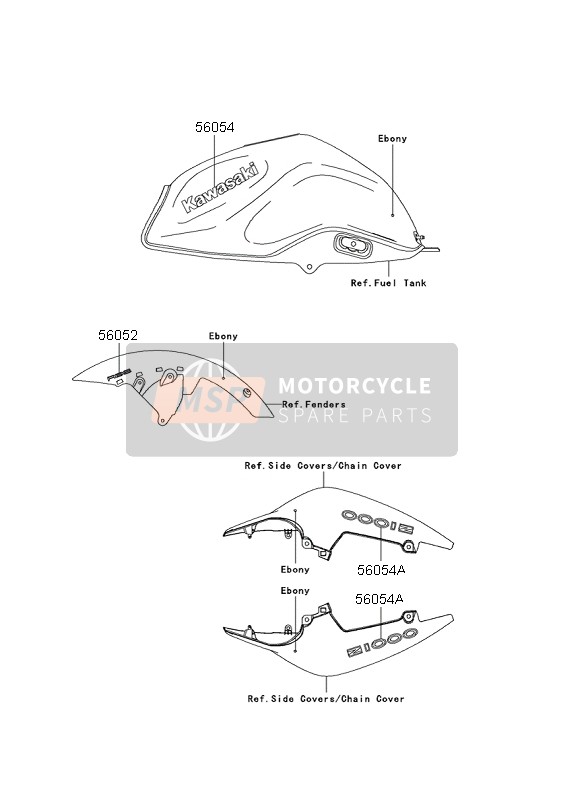 Kawasaki Z1000 ABS 2009 Stickers (Zwart) voor een 2009 Kawasaki Z1000 ABS