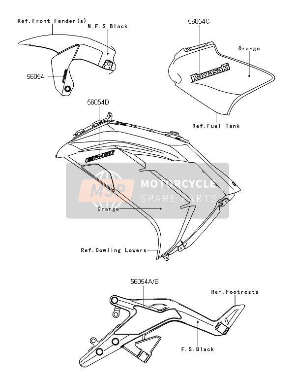 Kawasaki ER-6F ABS 2014 Decals (Orange) for a 2014 Kawasaki ER-6F ABS