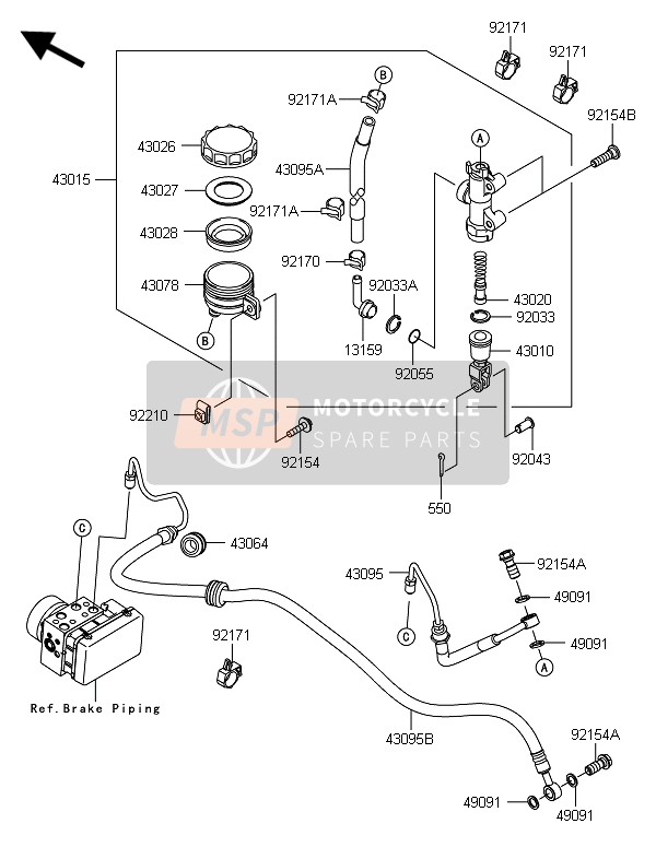 Kawasaki ER-6N ABS 2014 Hoofdremcilinder achter voor een 2014 Kawasaki ER-6N ABS