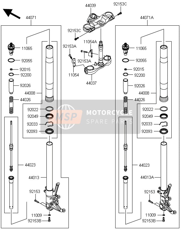 44013018644E, PIPE-FORK Inner, Rh, Blk/go, Kawasaki, 0