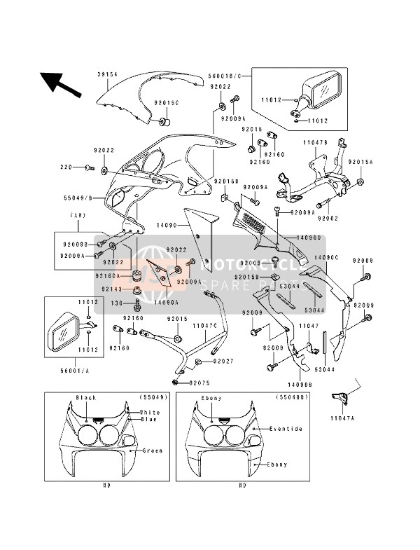 550495150TV, Cowling., Upp, Ebony/ev, Kawasaki, 0