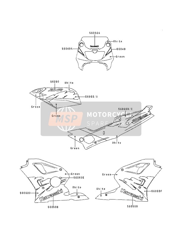 Kawasaki ZXR400 1994 Stickers (Groen-Wit) voor een 1994 Kawasaki ZXR400