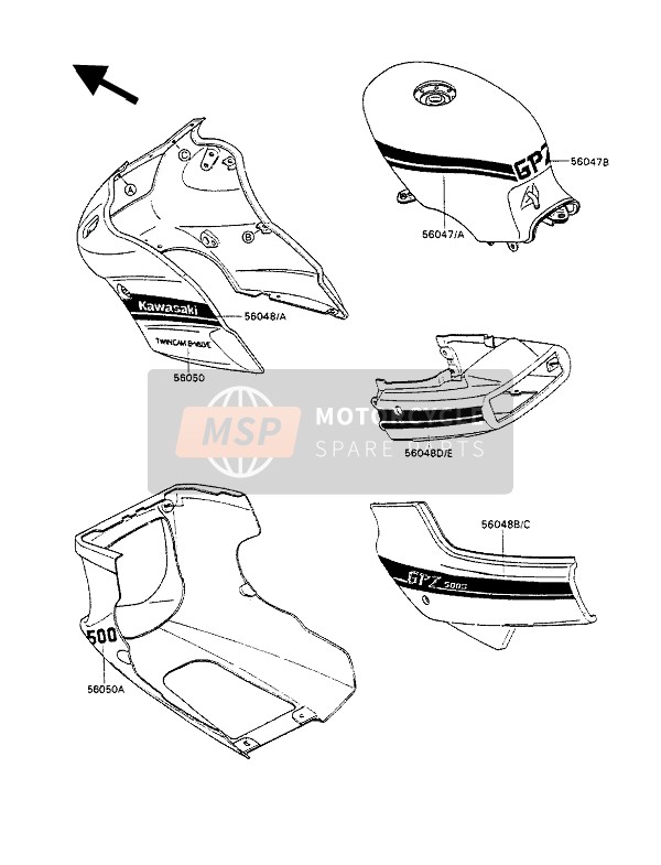 Kawasaki GPZ500S 1988 Stickers (Rood) voor een 1988 Kawasaki GPZ500S