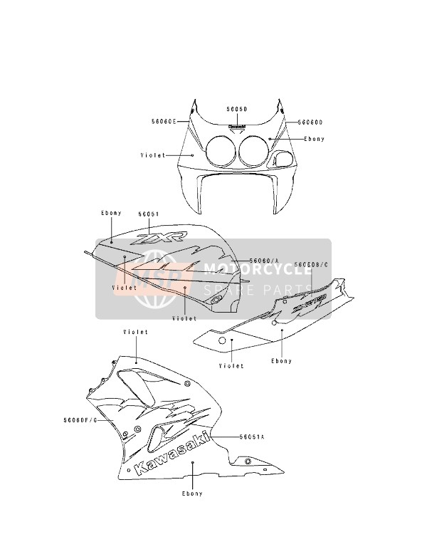 Kawasaki ZXR750 1994 Decalcomanie(Ebano-Viola) per un 1994 Kawasaki ZXR750